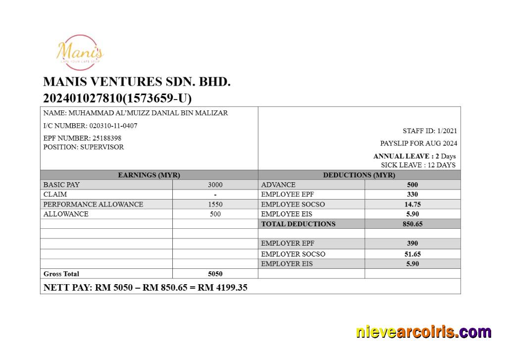 Manis Ventures cafe payslip